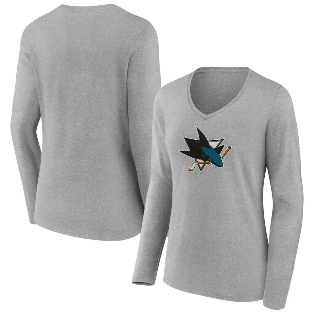 San Jose Sharks Women's Primary Logo Long Sleeve V-Neck T-Shirt - Gray T-shirts
