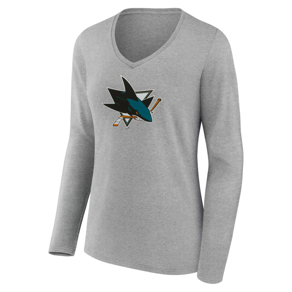 San Jose Sharks Women's Primary Logo Long Sleeve V-Neck T-Shirt - Gray T-shirts