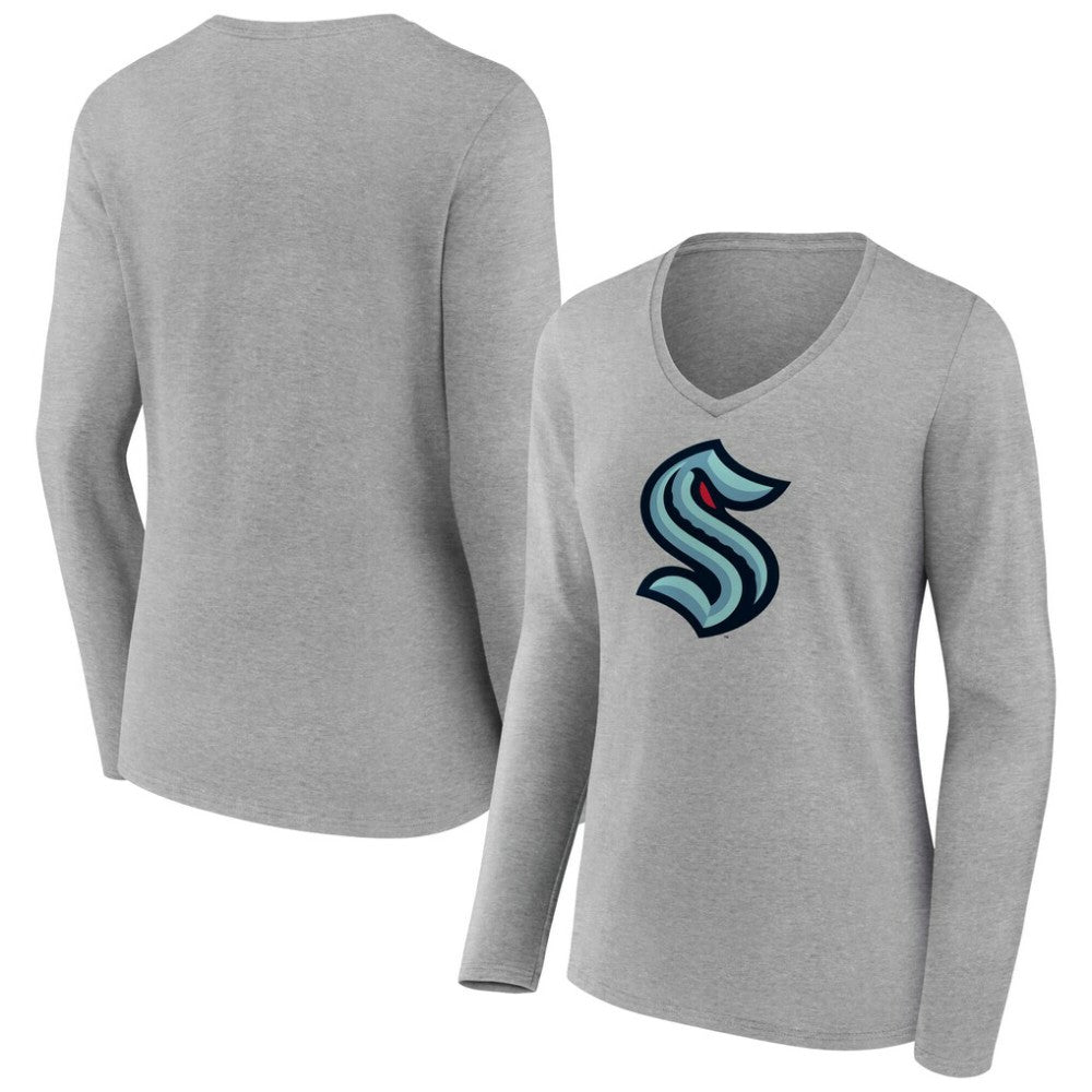 Seattle Kraken Women's Primary Logo Long Sleeve V-Neck T-Shirt - Gray T-shirts