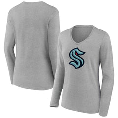 Seattle Kraken Women's Primary Logo Long Sleeve V-Neck T-Shirt - Gray T-shirts