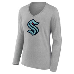 Seattle Kraken Women's Primary Logo Long Sleeve V-Neck T-Shirt - Gray T-shirts