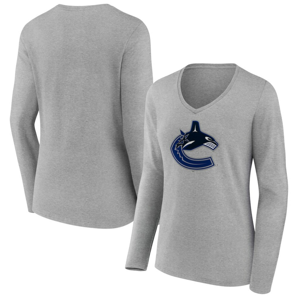 Vancouver Canucks Women's Primary Logo Long Sleeve V-Neck T-Shirt - Gray T-shirts