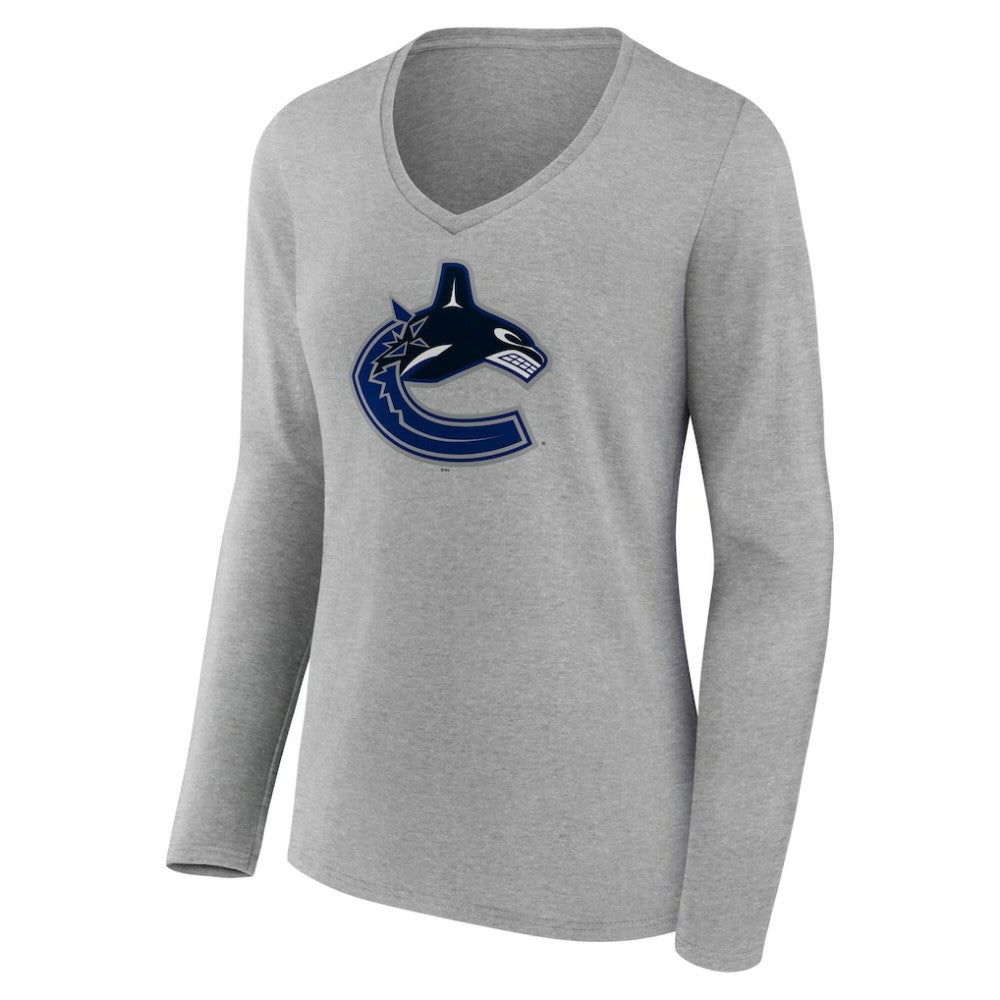 Vancouver Canucks Women's Primary Logo Long Sleeve V-Neck T-Shirt - Gray T-shirts