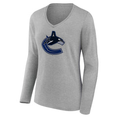 Vancouver Canucks Women's Primary Logo Long Sleeve V-Neck T-Shirt - Gray T-shirts