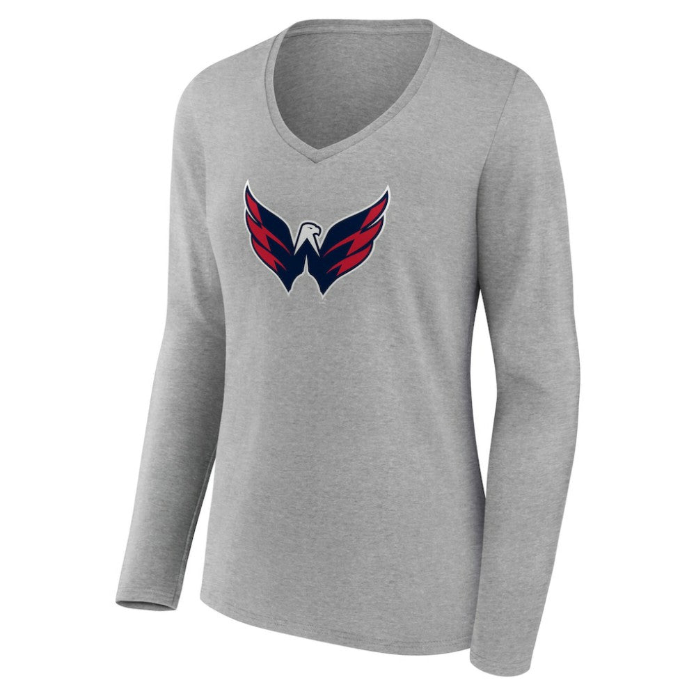 Washington Capitals Women's Primary Logo Long Sleeve V-Neck T-Shirt - Gray T-shirts