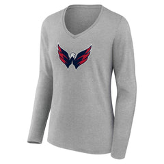 Washington Capitals Women's Primary Logo Long Sleeve V-Neck T-Shirt - Gray T-shirts