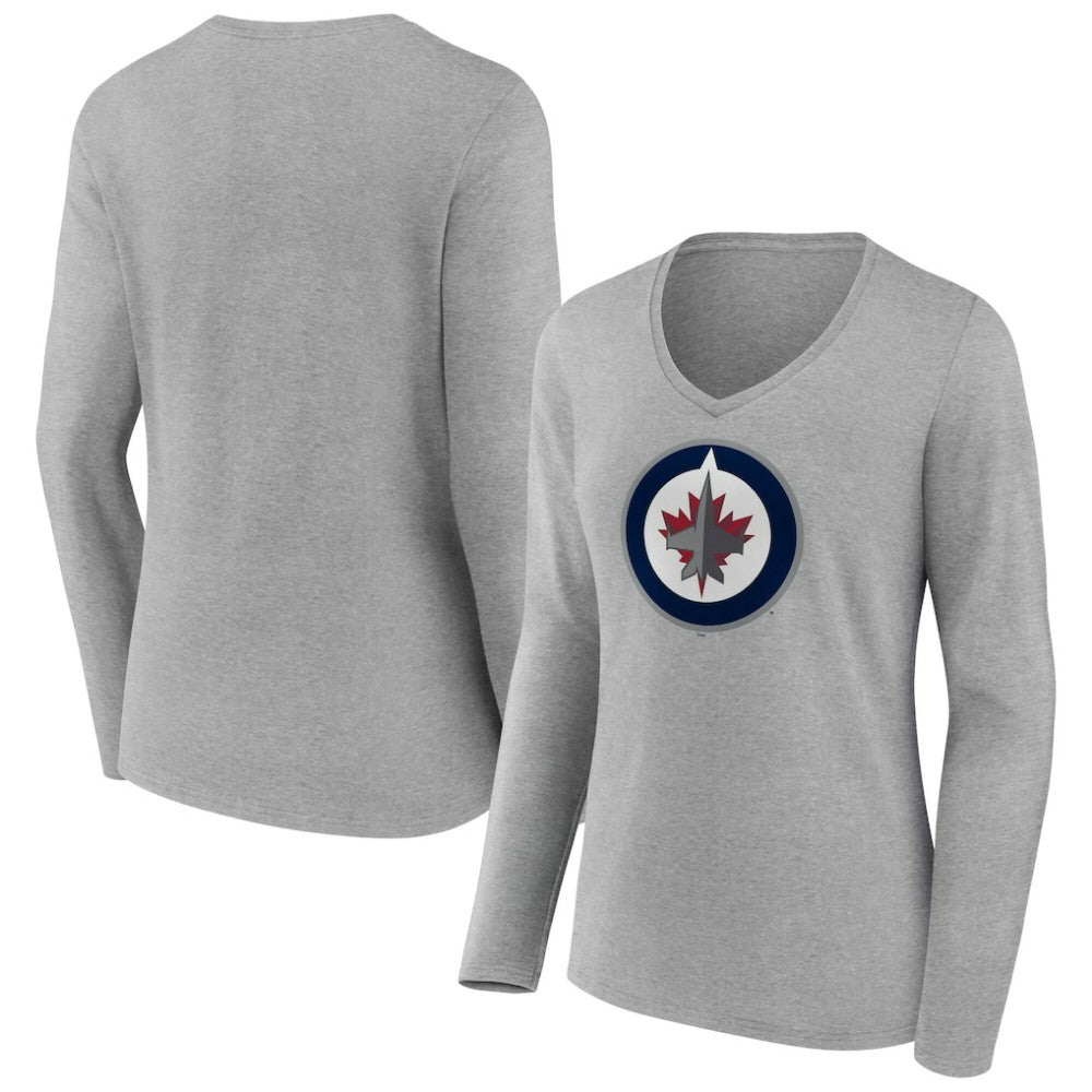 Winnipeg Jets Women's Primary Logo Long Sleeve V-Neck T-Shirt - Gray T-shirts