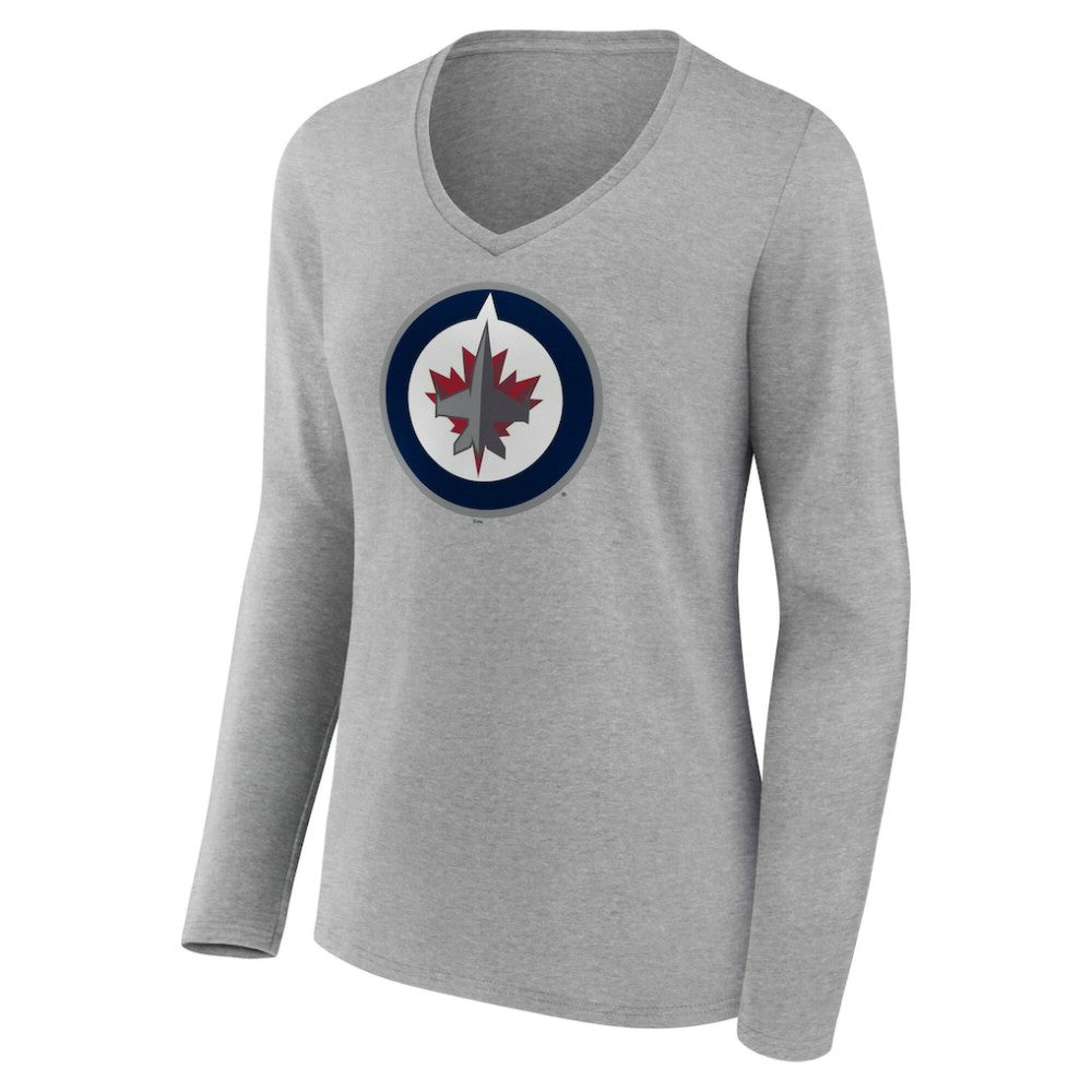 Winnipeg Jets Women's Primary Logo Long Sleeve V-Neck T-Shirt - Gray T-shirts