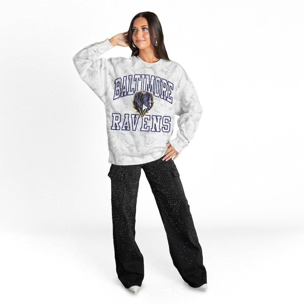 Baltimore Ravens Gameday Couture Women's Whiteout Oversized Premium Fleece Sweatshirt - Arctic Camo for sale