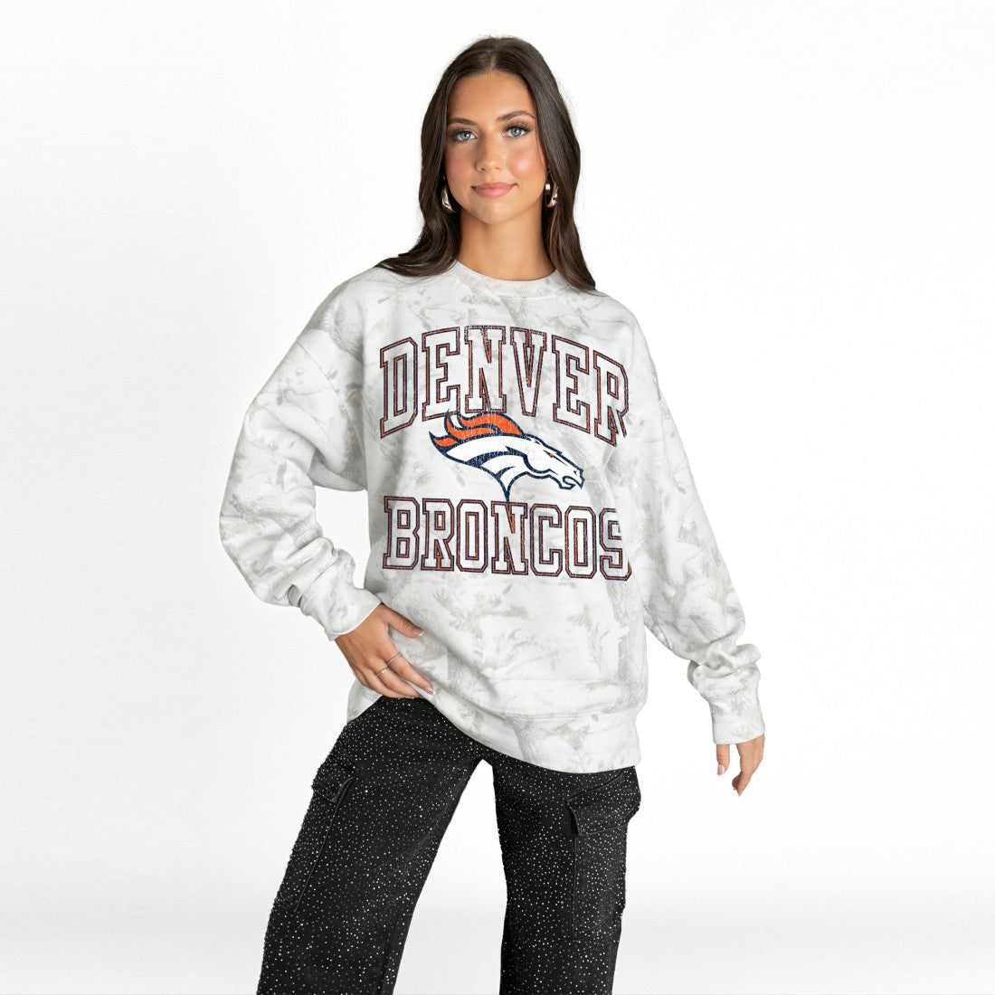 Denver Broncos Gameday Couture Women's Whiteout Oversized Premium Fleece Sweatshirt - Arctic Camo cheap