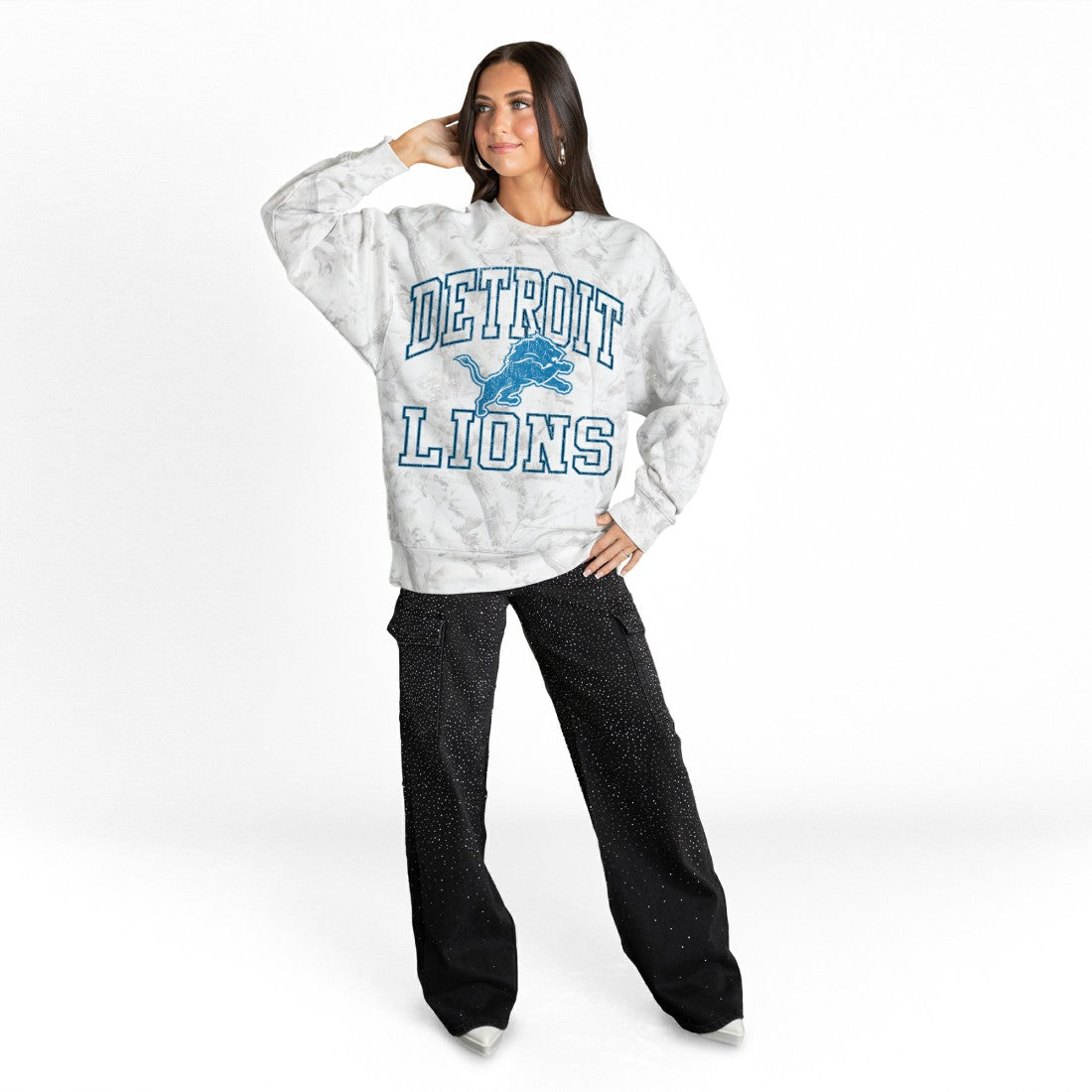 Detroit Lions Gameday Couture Women's Whiteout Oversized Premium Fleece Sweatshirt - Arctic Camo discount