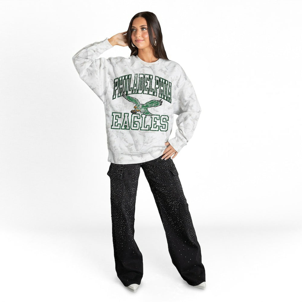 Philadelphia Eagles Gameday Couture Women's Whiteout Oversized Premium Fleece Sweatshirt - Arctic Camo on sale