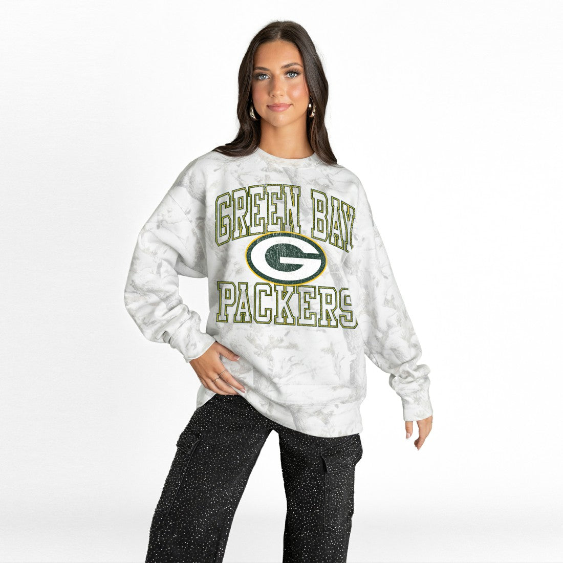 Green Bay Packers Gameday Couture Women's Whiteout Oversized Premium Fleece Sweatshirt - Arctic Camo for sale