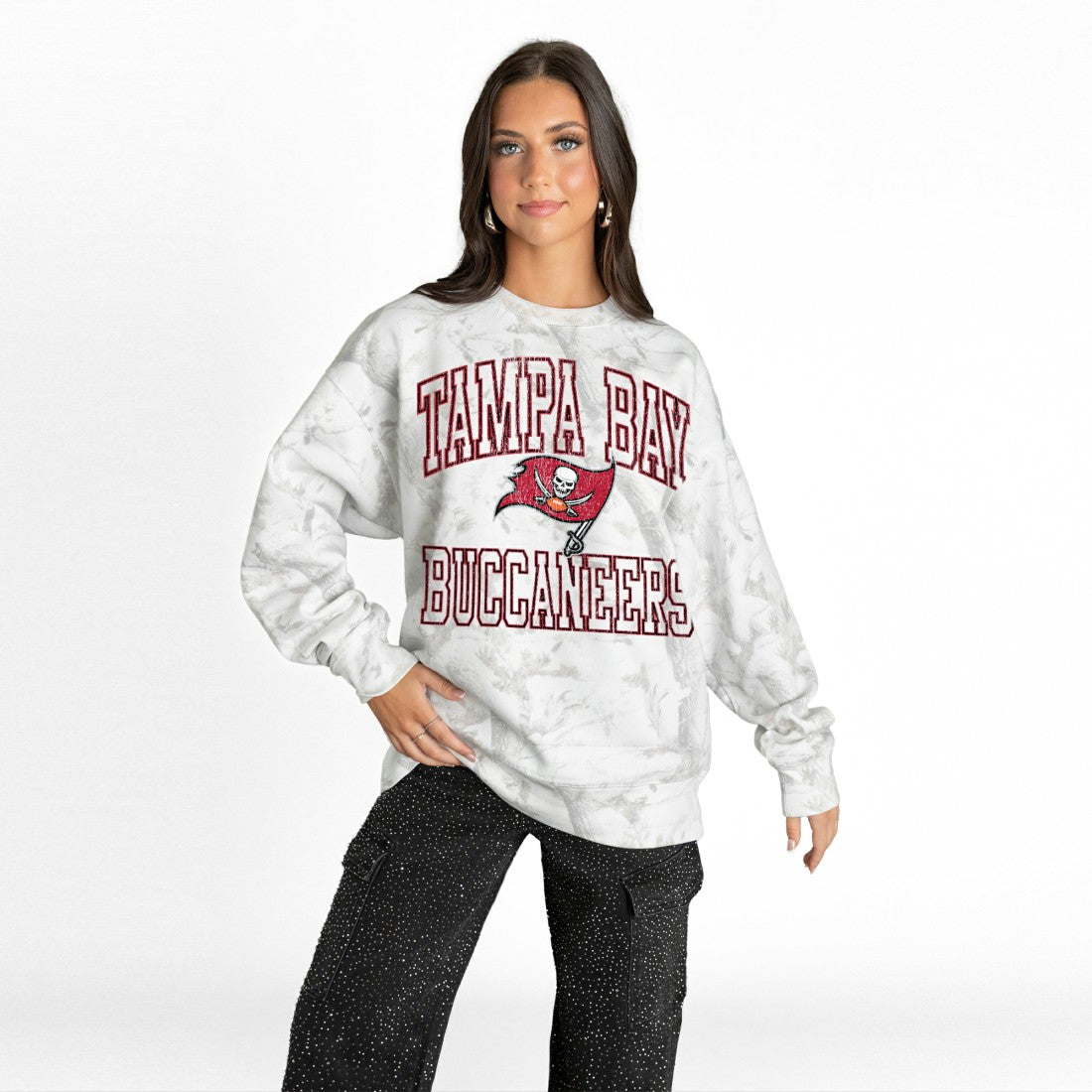 Tampa Bay Buccaneers Gameday Couture Women's Whiteout Oversized Premium Fleece Sweatshirt - Arctic Camo for sale