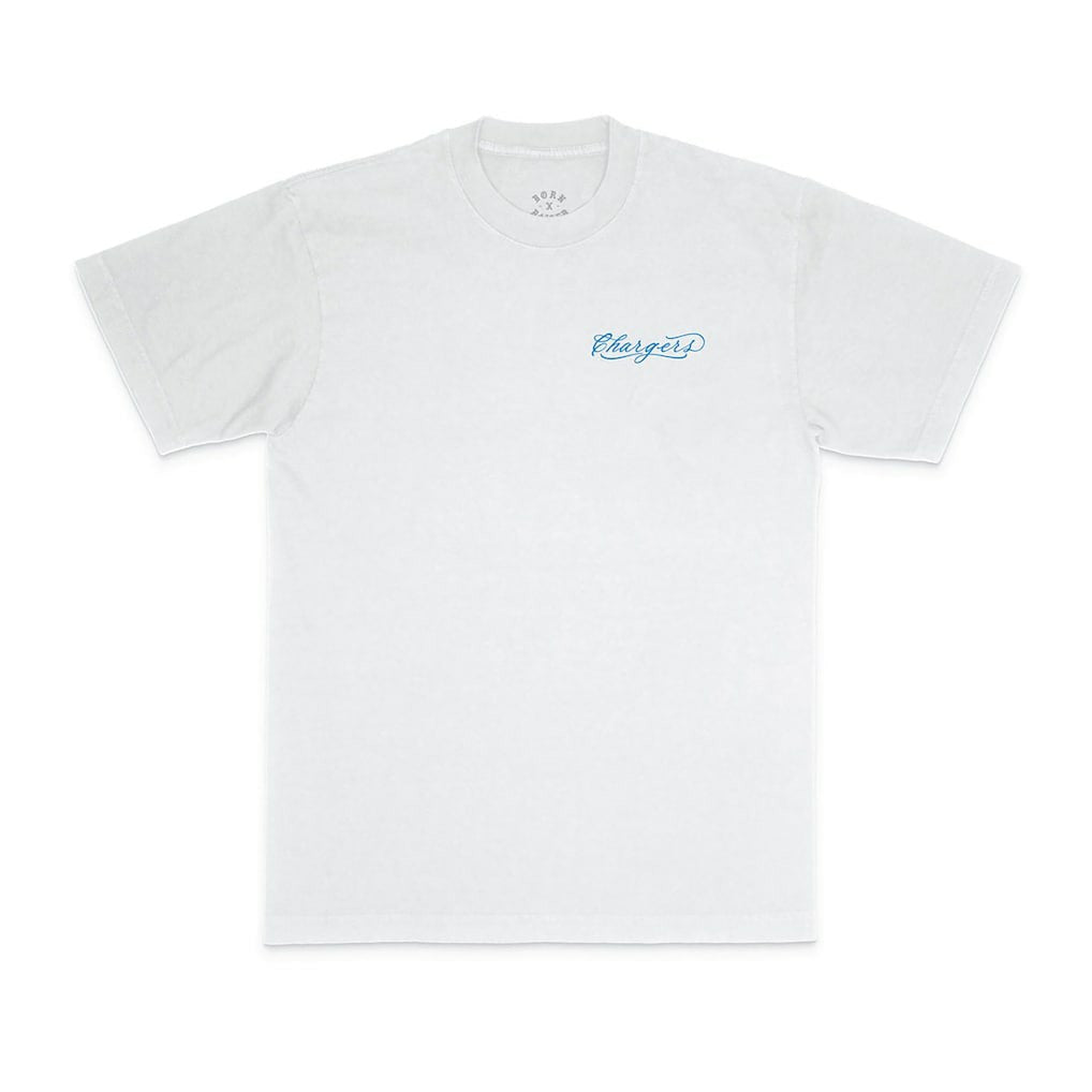 Los Angeles Chargers Born x Raised Unisex Fine Line T-Shirt - White for sale
