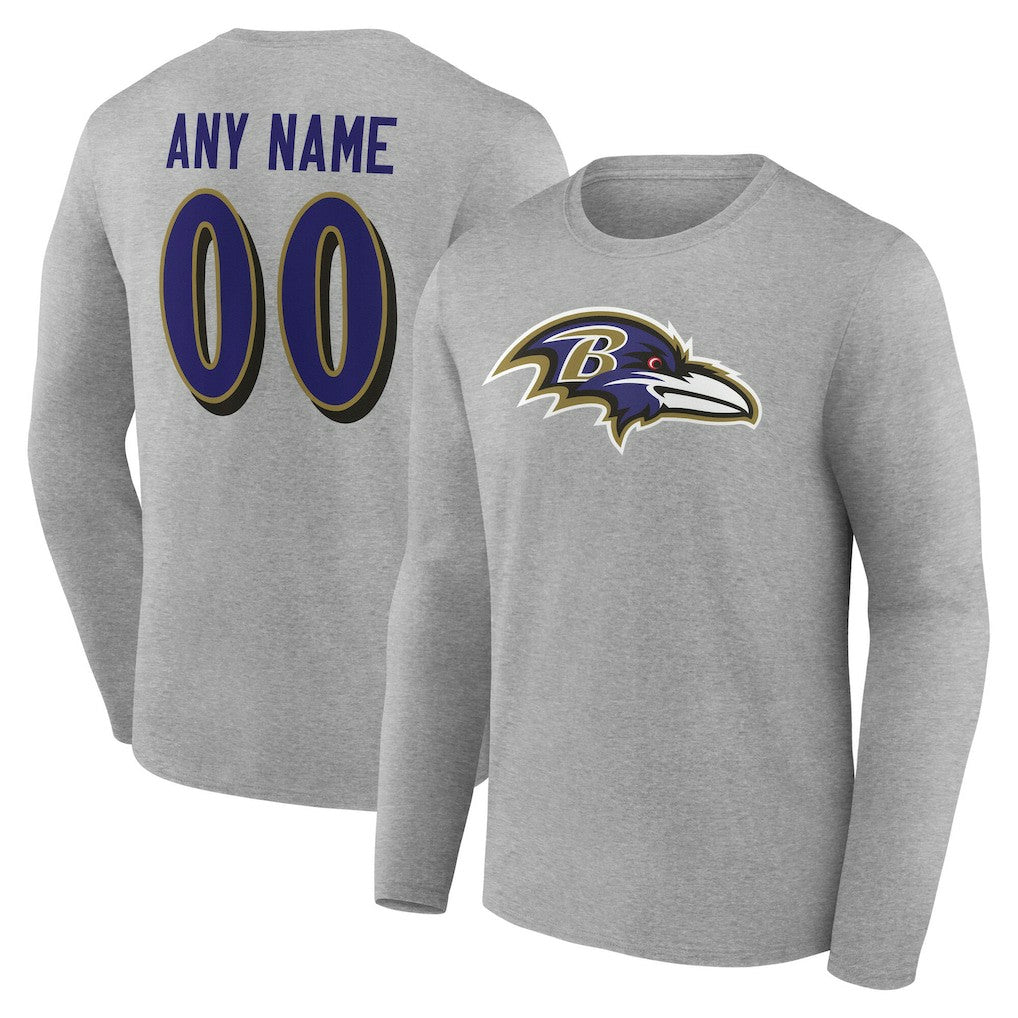Baltimore Ravens Team Authentic Personalized Name & Number Long Sleeve T-Shirt - Gray for sale
