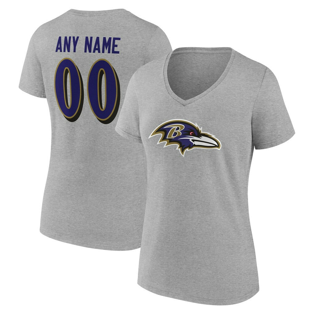 Baltimore Ravens Women's Team Authentic Personalized Name & Number V-Neck T-Shirt - Gray for sale