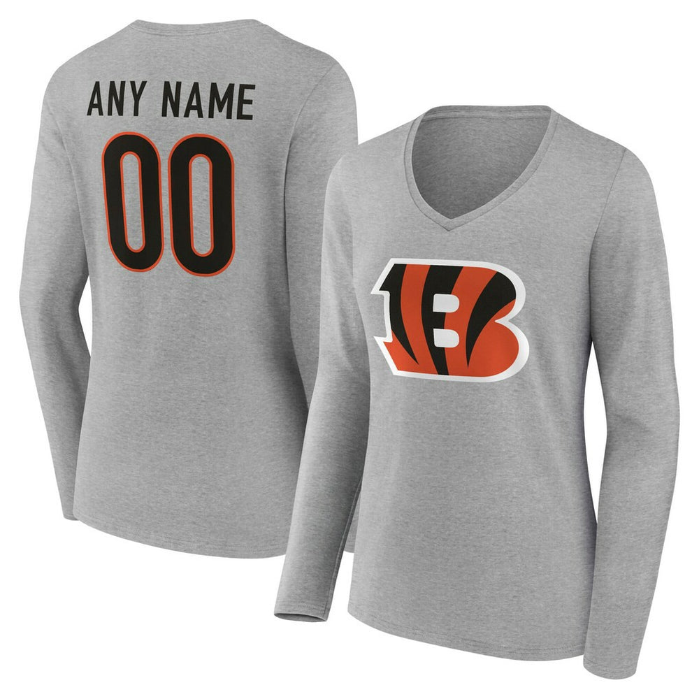 Cincinnati Bengals Women's Team Authentic Personalized Name & Number Long Sleeve V-Neck T-Shirt - Gray on sale