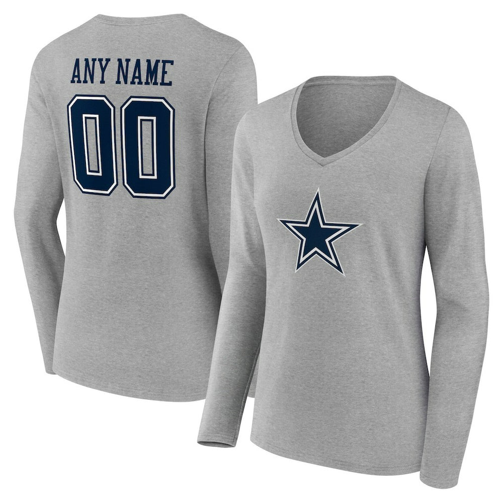 Dallas Cowboys Women's Team Authentic Personalized Name & Number Long Sleeve V-Neck T-Shirt - Gray sale