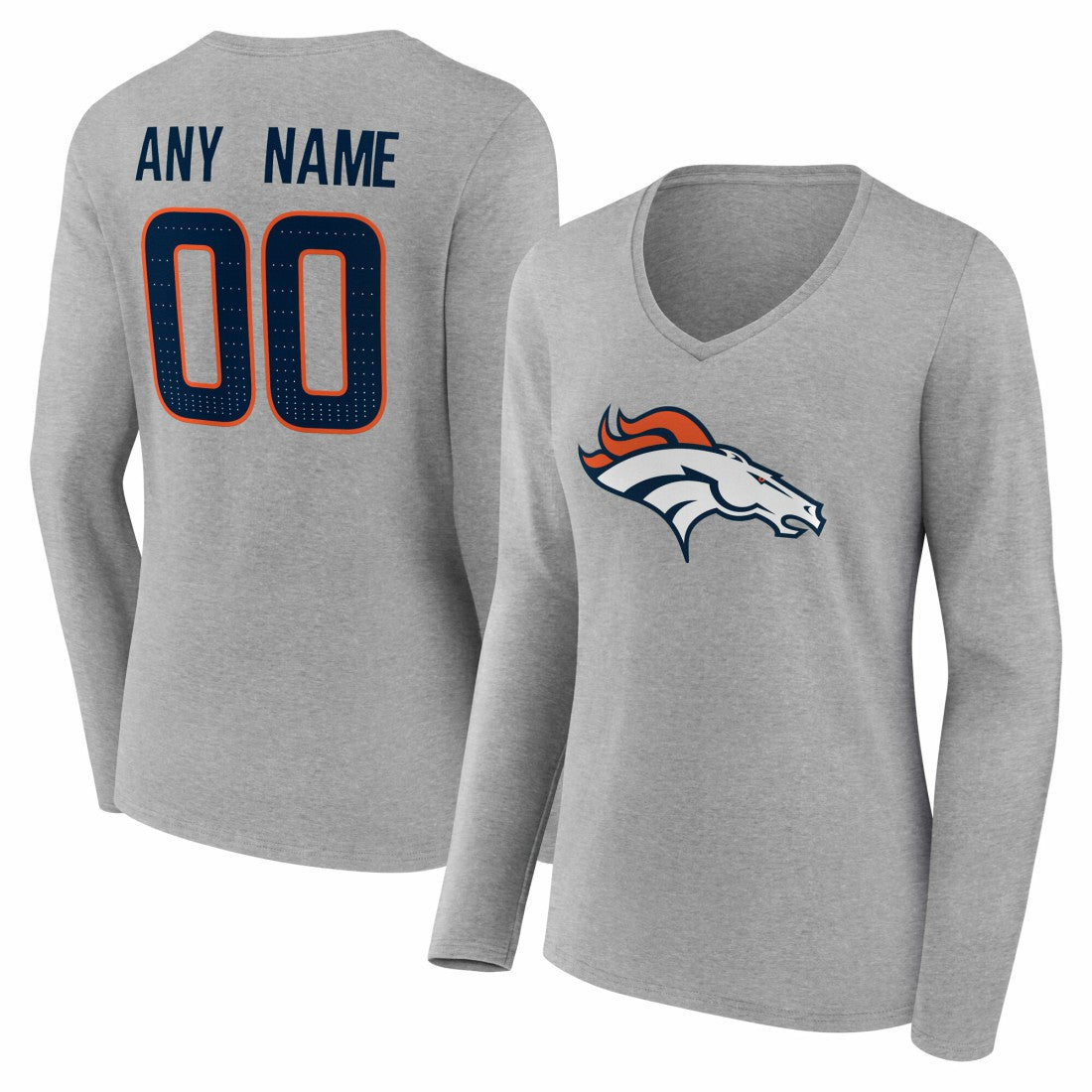 Denver Broncos Women's Team Authentic Personalized Name & Number Long Sleeve V-Neck T-Shirt - Gray outlet