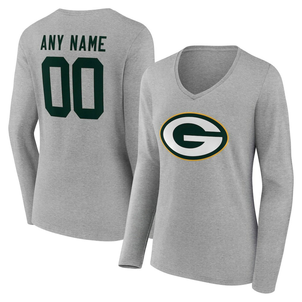 Green Bay Packers Women's Team Authentic Personalized Name & Number Long Sleeve V-Neck T-Shirt - Gray discount