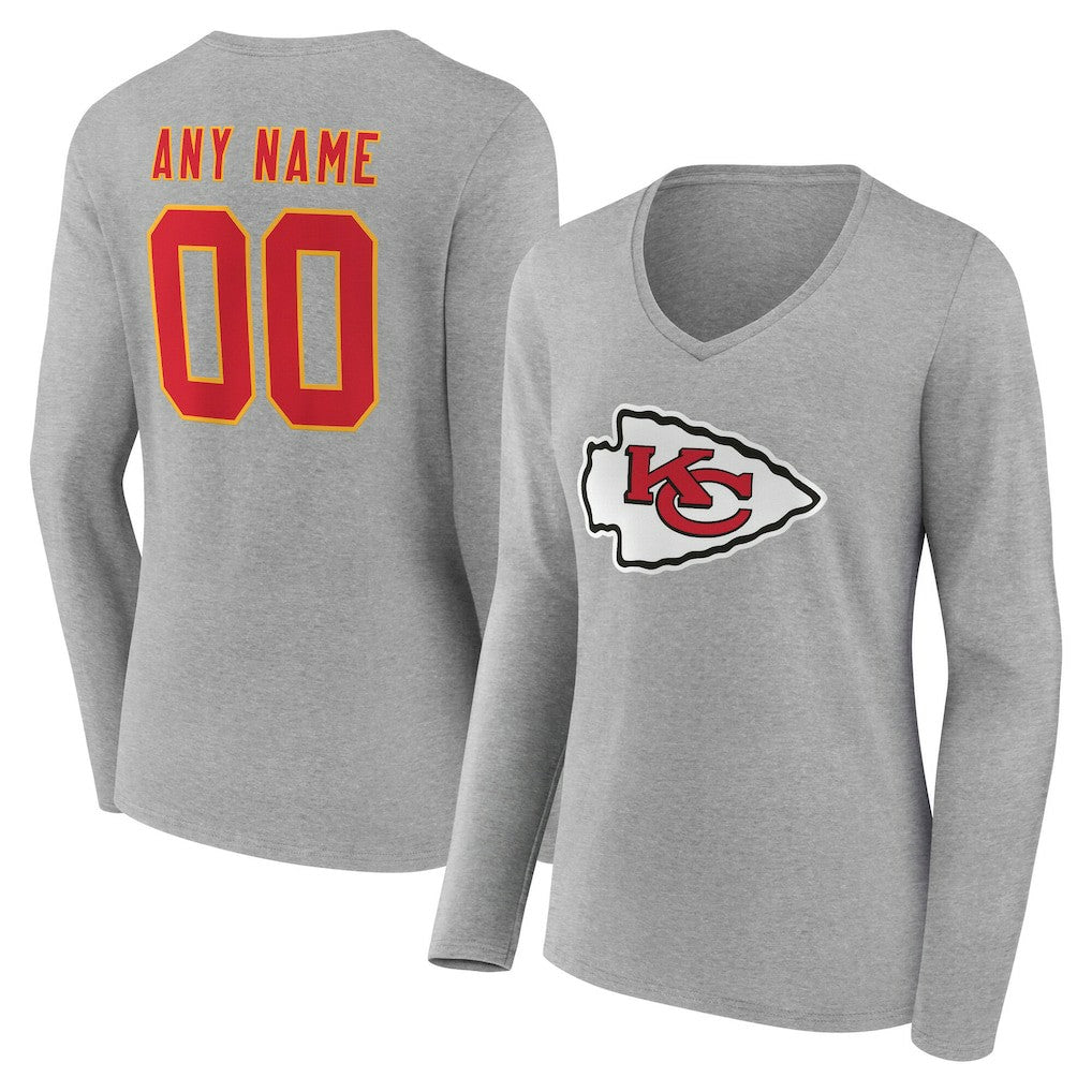 Kansas City Chiefs Women's Team Authentic Personalized Name & Number Long Sleeve V-Neck T-Shirt - Gray sale