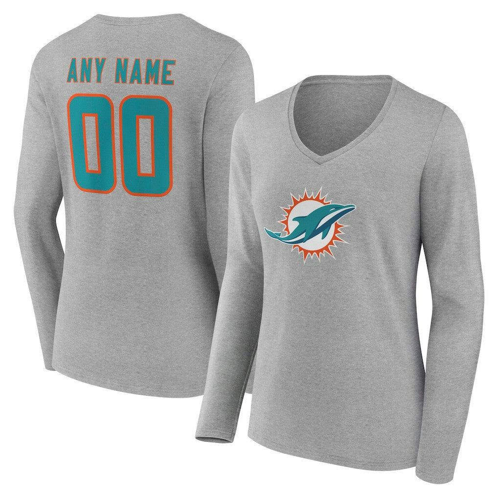 Miami Dolphins Women's Team Authentic Personalized Name & Number Long Sleeve V-Neck T-Shirt - Gray sale