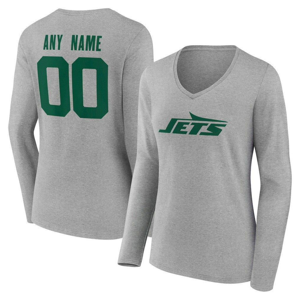 New York Jets Women's Team Authentic Personalized Name & Number Long Sleeve V-Neck T-Shirt - Gray discount