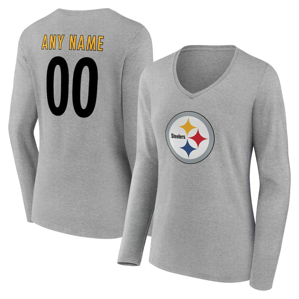 Pittsburgh Steelers Women's Team Authentic Personalized Name & Number Long Sleeve V-Neck T-Shirt - Gray on sale
