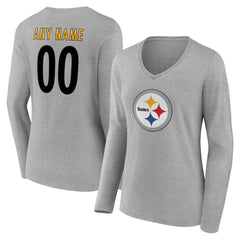 Pittsburgh Steelers Women's Team Authentic Personalized Name & Number Long Sleeve V-Neck T-Shirt - Gray on sale
