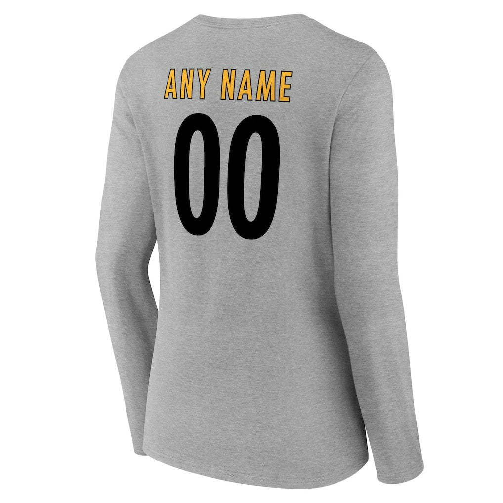 Pittsburgh Steelers Women's Team Authentic Personalized Name & Number Long Sleeve V-Neck T-Shirt - Gray on sale