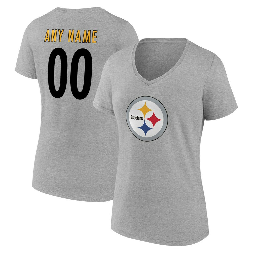 Pittsburgh Steelers Women's Team Authentic Personalized Name & Number V-Neck T-Shirt - Gray discount
