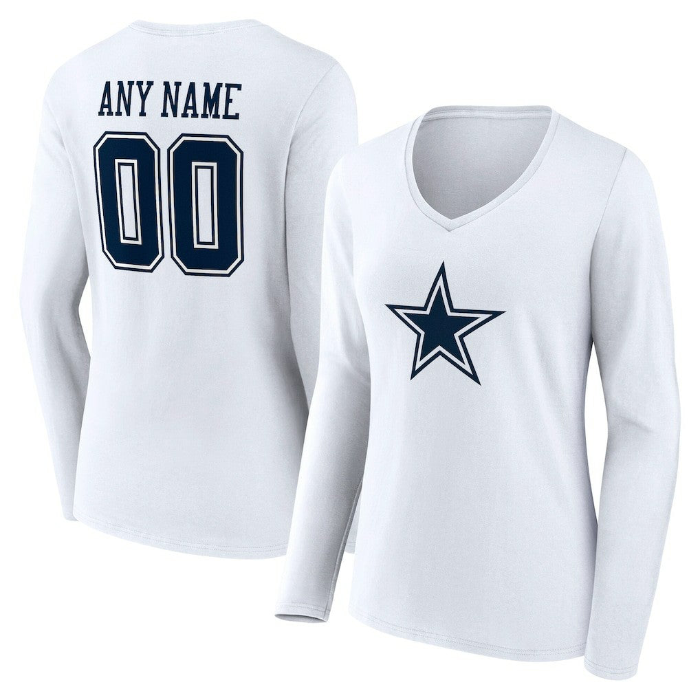 Dallas Cowboys Women's Team Authentic Personalized Name & Number Long Sleeve V-Neck T-Shirt - White outlet