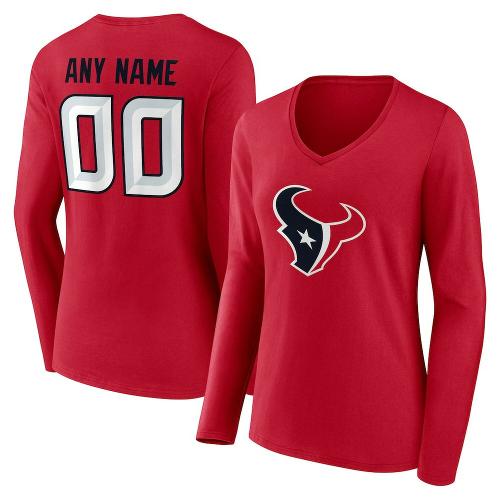 Houston Texans Women's Team Authentic Personalized Name & Number Long Sleeve V-Neck T-Shirt - Red cheap