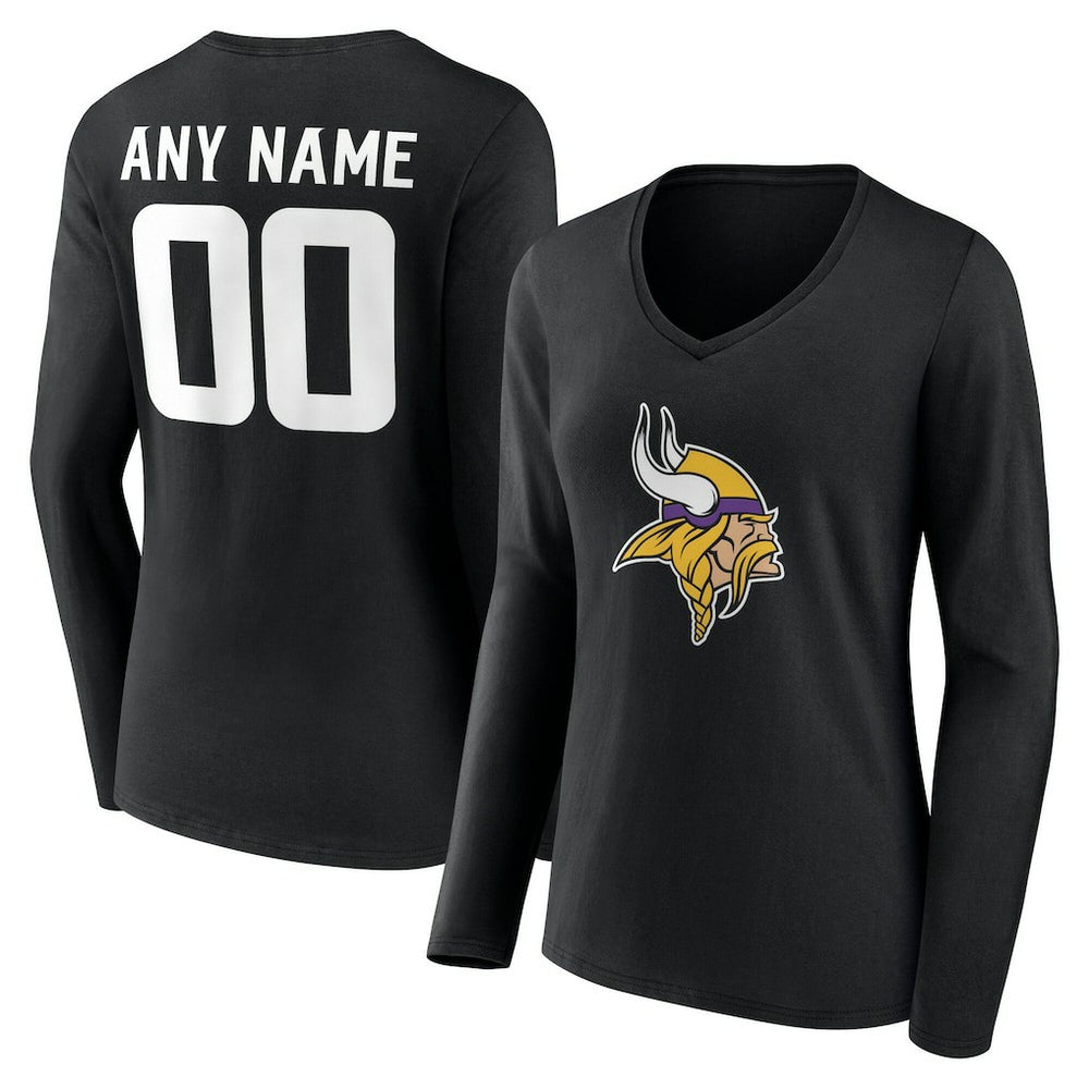 Minnesota Vikings Women's Team Authentic Personalized Name & Number Long Sleeve V-Neck T-Shirt - Black on sale
