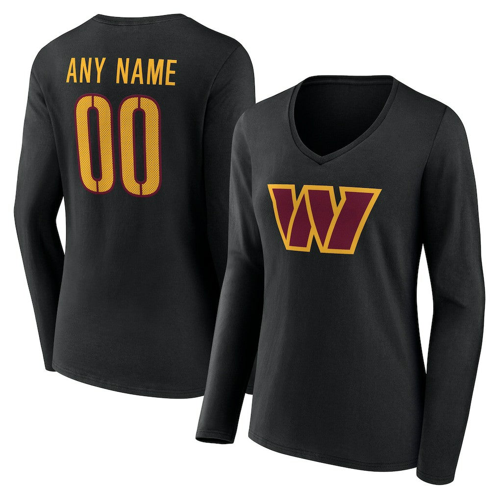 Washington Commanders Women's Team Authentic Personalized Name & Number Long Sleeve V-Neck T-Shirt - Black for sale