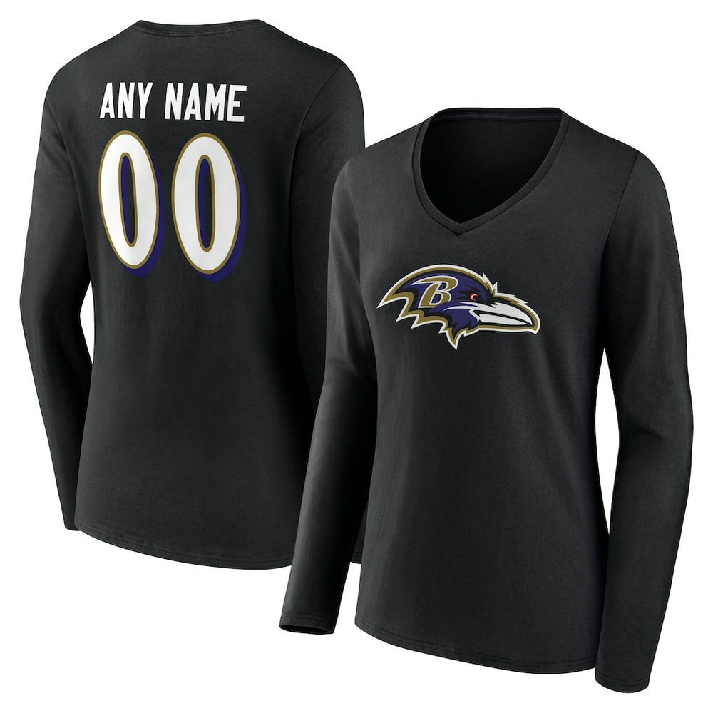 Baltimore Ravens Women's Team Authentic Personalized Name & Number Long Sleeve V-Neck T-Shirt - Black for sale