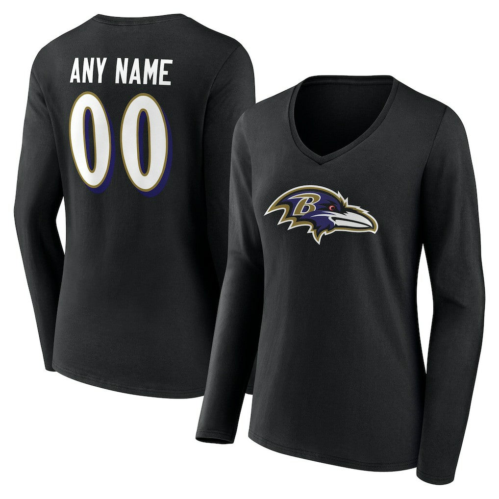 Baltimore Ravens Women's Team Authentic Personalized Name & Number Long Sleeve V-Neck T-Shirt - Black for sale