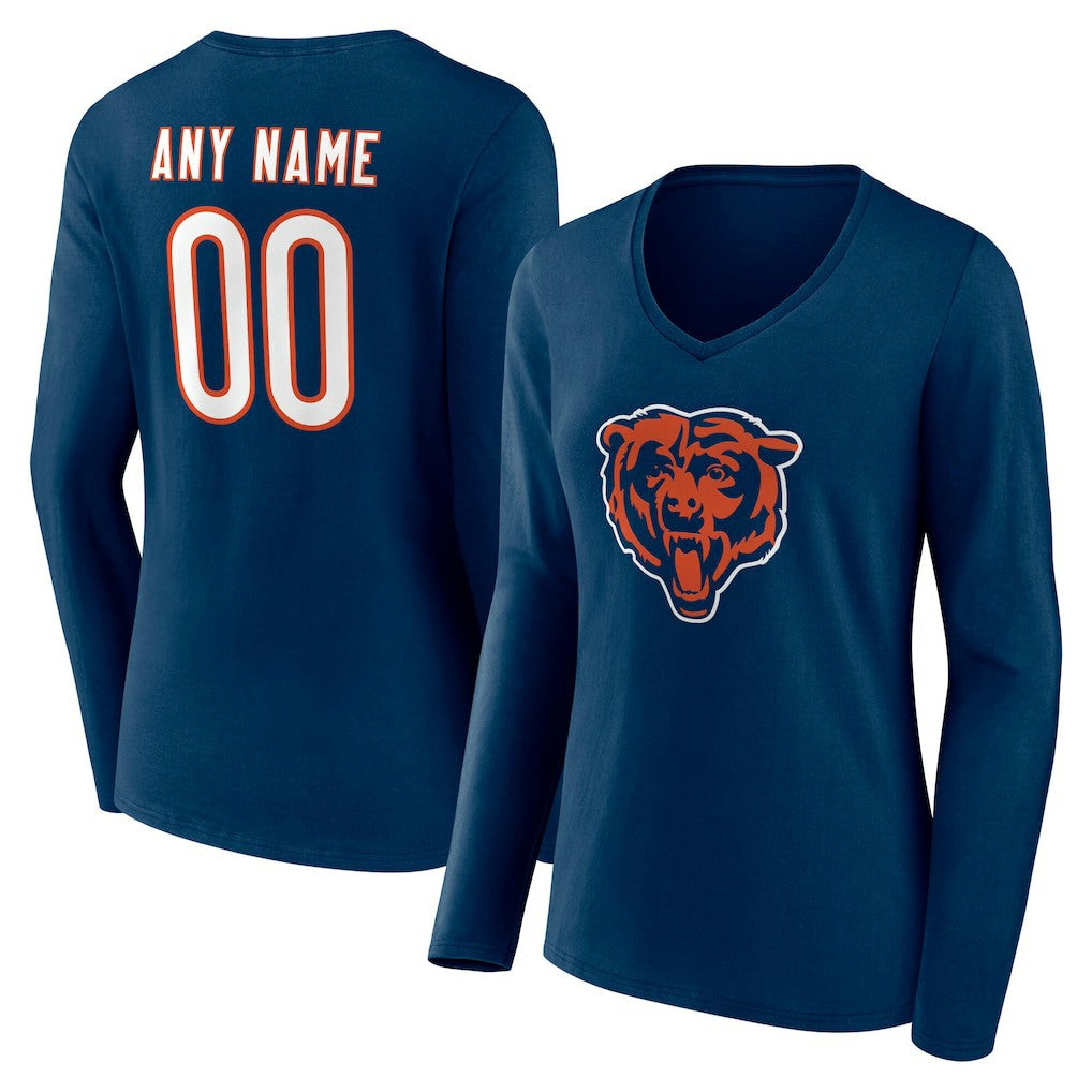Chicago Bears Women's Team Authentic Personalized Name & Number Long Sleeve V-Neck T-Shirt - Navy for sale