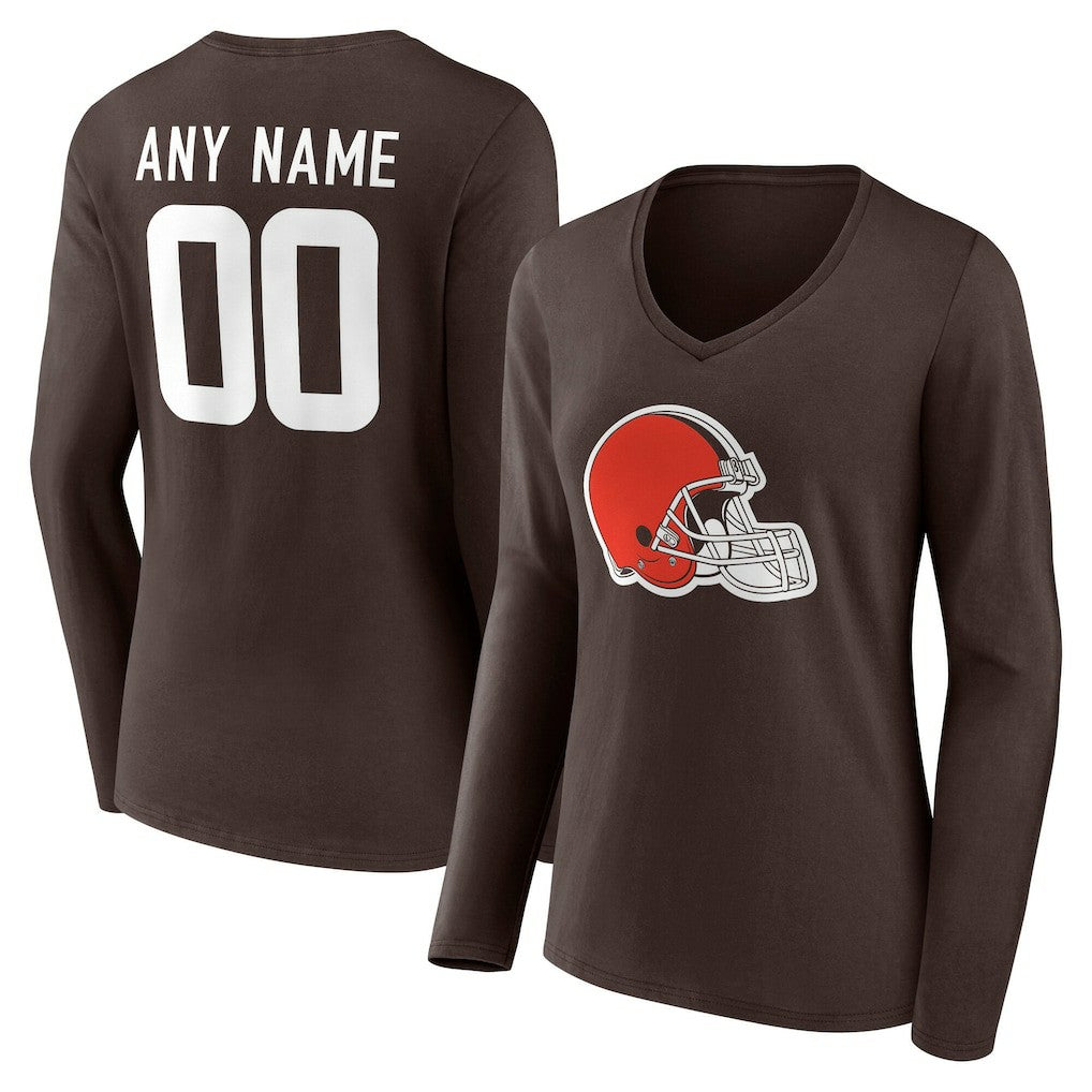 Cleveland Browns Women's Team Authentic Personalized Name & Number Long Sleeve V-Neck T-Shirt - Brown on sale