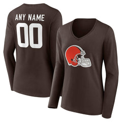 Cleveland Browns Women's Team Authentic Personalized Name & Number Long Sleeve V-Neck T-Shirt - Brown on sale