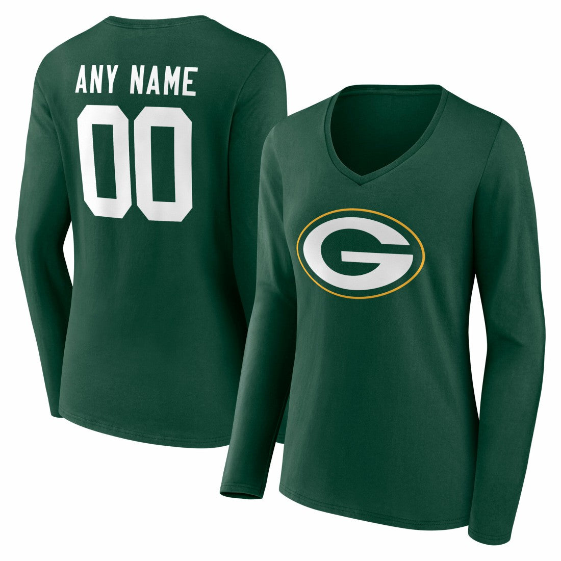 Green Bay Packers Women's Team Authentic Personalized Name & Number Long Sleeve V-Neck T-Shirt - Green on sale