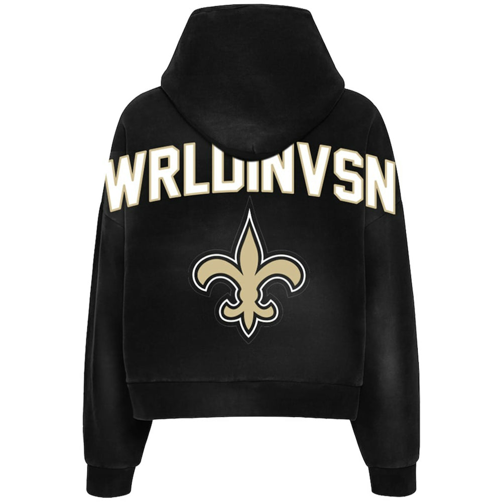 WRLDINVSN x New Orleans Saints Unisex Cozy Cropped Hoodie - Black on sale