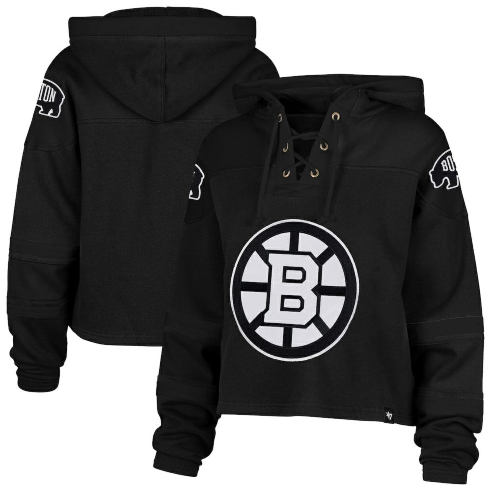 Boston Bruins '47 Women's Cropped Lacer Hoodie - Black Hoodies