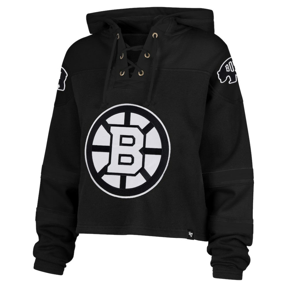 Boston Bruins '47 Women's Cropped Lacer Hoodie - Black Hoodies