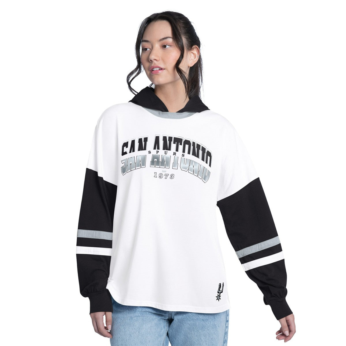 San Antonio Spurs G-III 4Her by Carl Banks Women's Key Player Oversized Hooded Long Sleeve T-Shirt - White/Black cheap