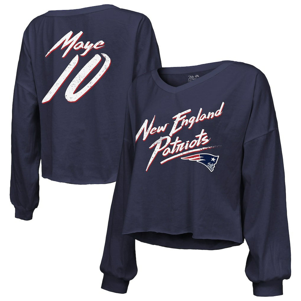Drake Maye New England Patriots Majestic Threads Women's Off-Shoulder Script Name & Number V-Neck T-Shirt - Navy sale