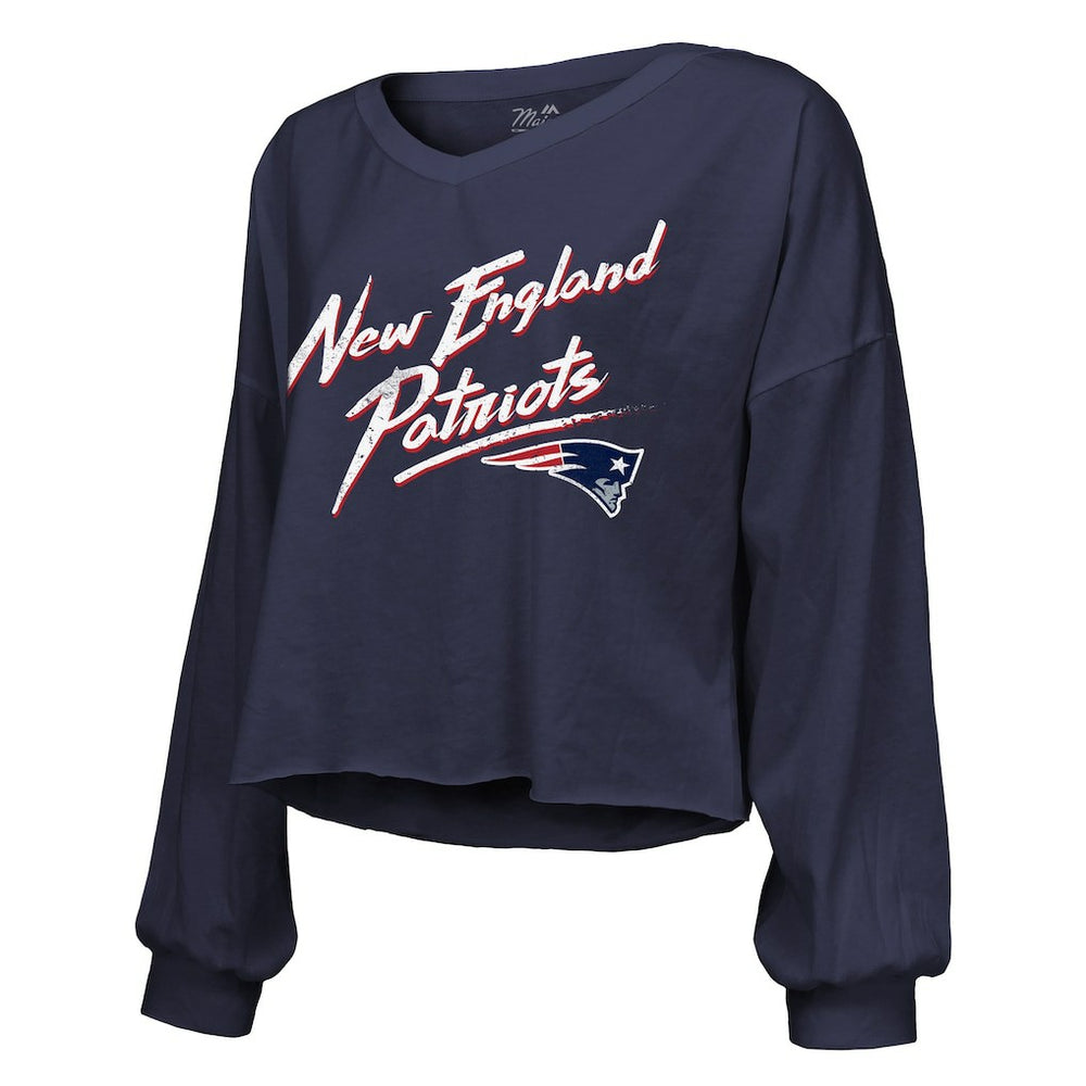 Drake Maye New England Patriots Majestic Threads Women's Off-Shoulder Script Name & Number V-Neck T-Shirt - Navy sale