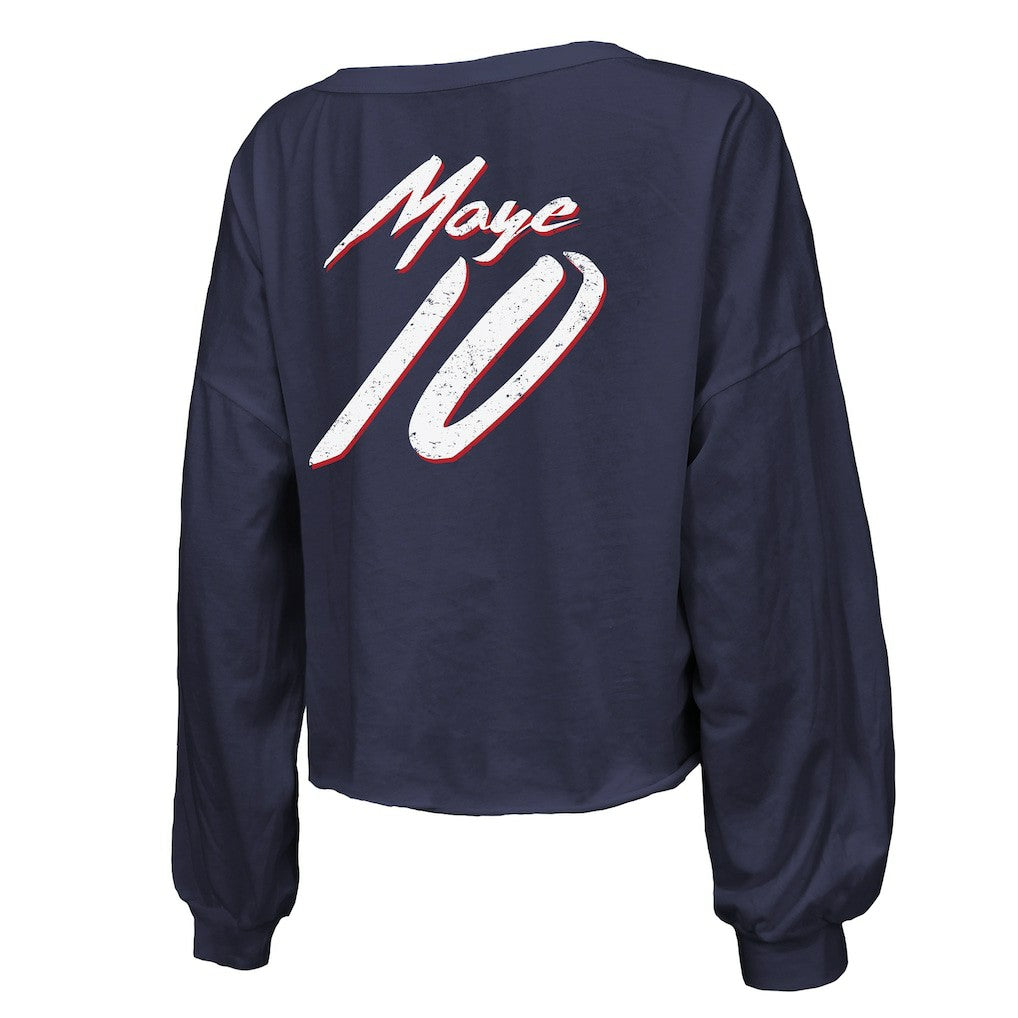 Drake Maye New England Patriots Majestic Threads Women's Off-Shoulder Script Name & Number V-Neck T-Shirt - Navy sale