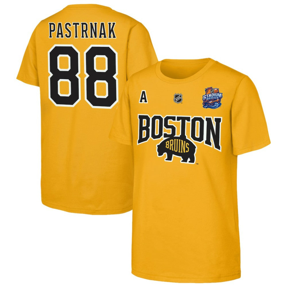 David Pastrnak Boston Bruins Fanatics Youth Alternate Captain 2026 Stadium Series T-Shirt - Gold T-shirts